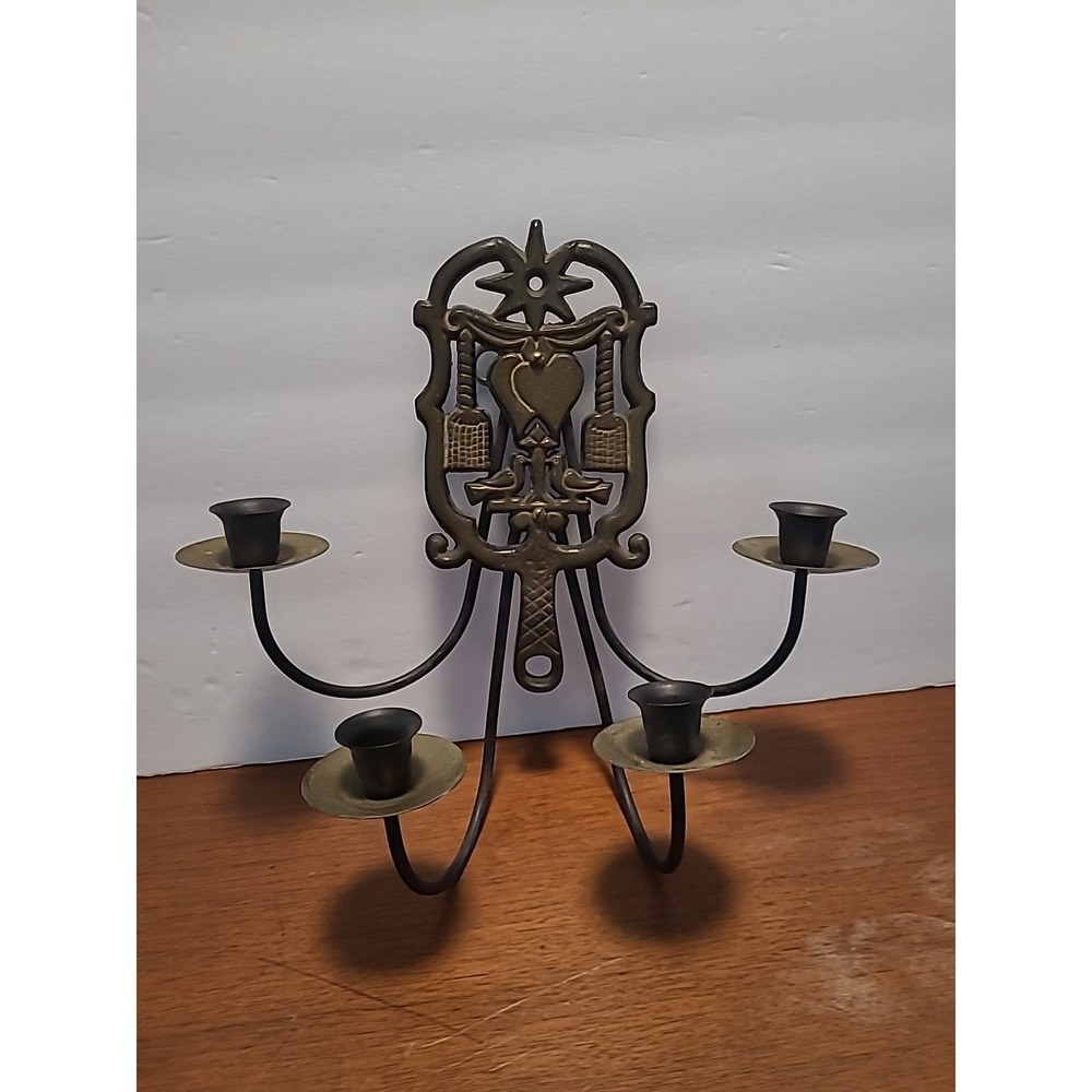 Vtg Pennsylvania Dutch Brass Trivet Wall Sconce 4‎ Candle Holder Unique Decor